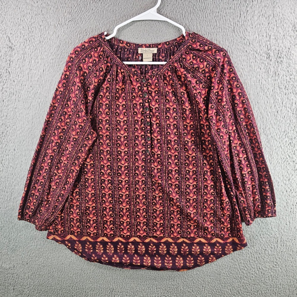 Lucky Brand Purple Orange Medallion Print Henley Peasant Blouse Womens Large L‎